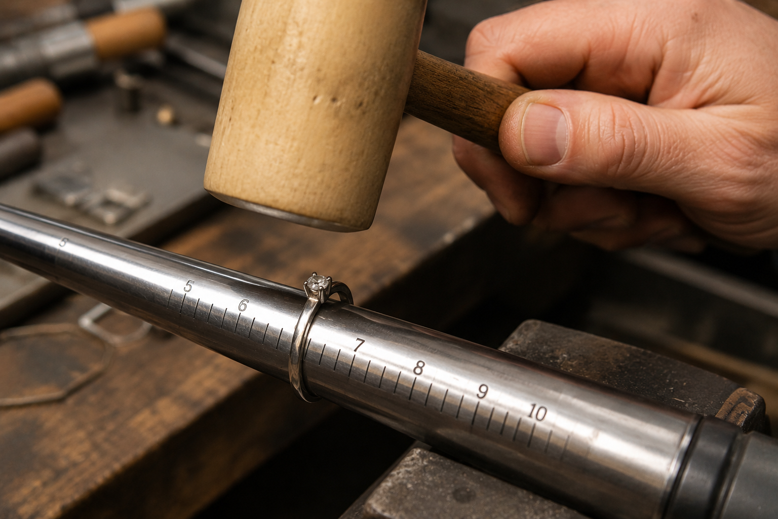 A master jeweler using a rawhide mallet on a polished steel mandrel to safely reshape a bent diamond ring at Motek Jewelry Design Studio in Airmont, NY.