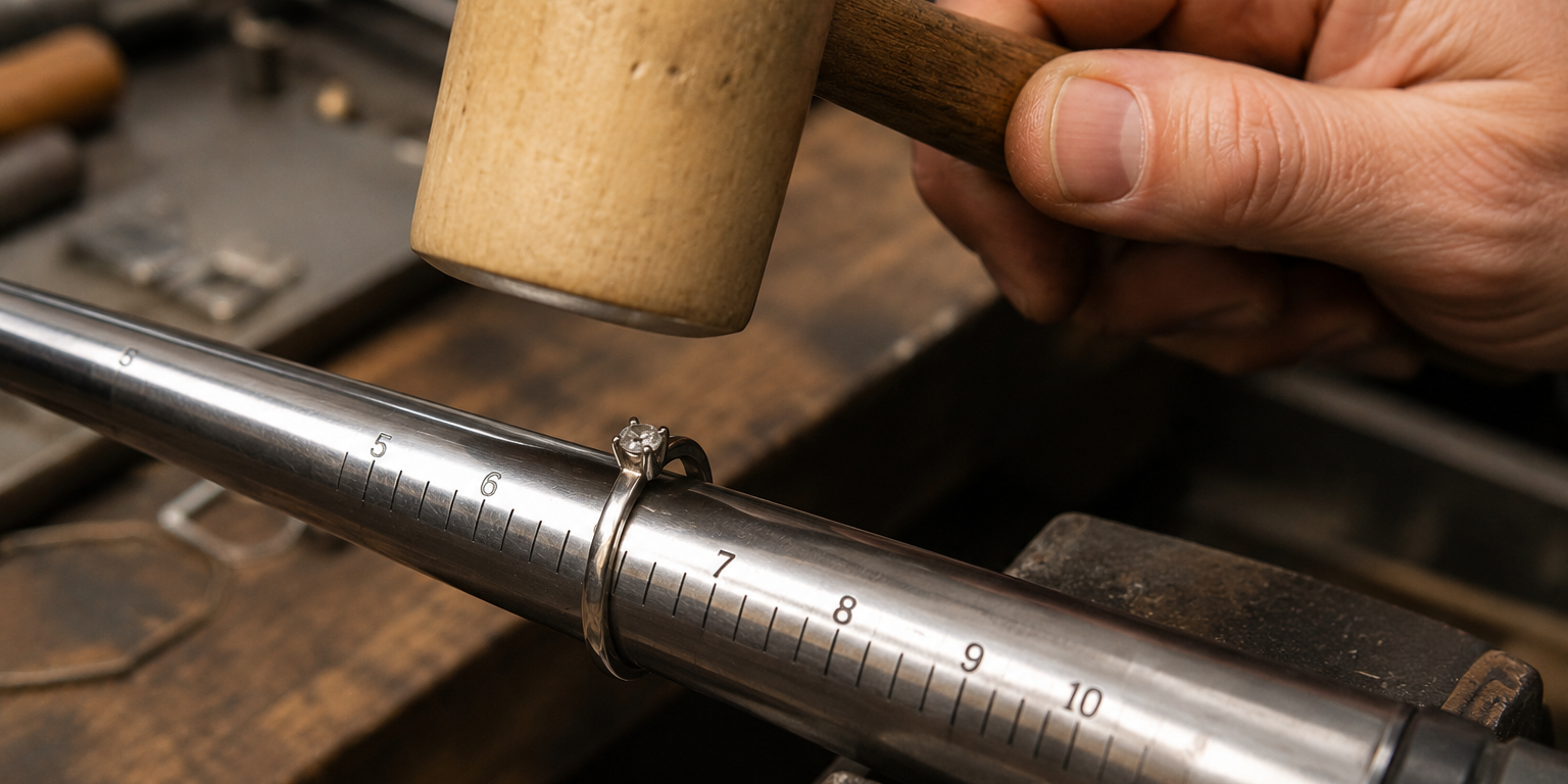 A master jeweler using a rawhide mallet on a polished steel mandrel to safely reshape a bent diamond ring at Motek Jewelry Design Studio in Airmont, NY.
