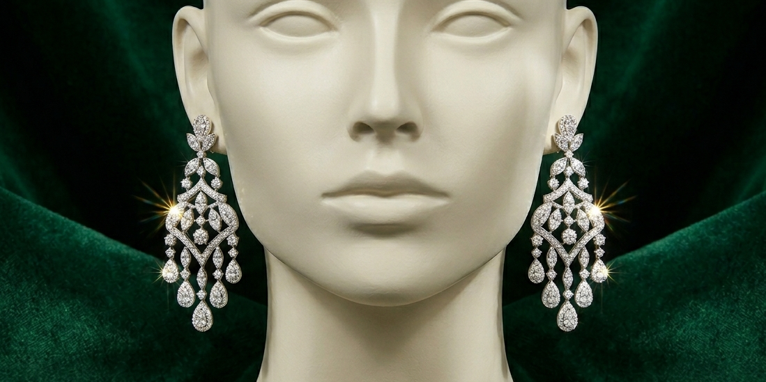 The earring is modified to face completely forward, catching a crisp studio light beam that makes the diamonds sparkle intensely.