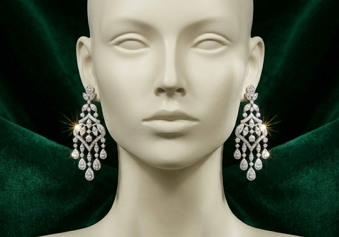 The earring is modified to face completely forward, catching a crisp studio light beam that makes the diamonds sparkle intensely.