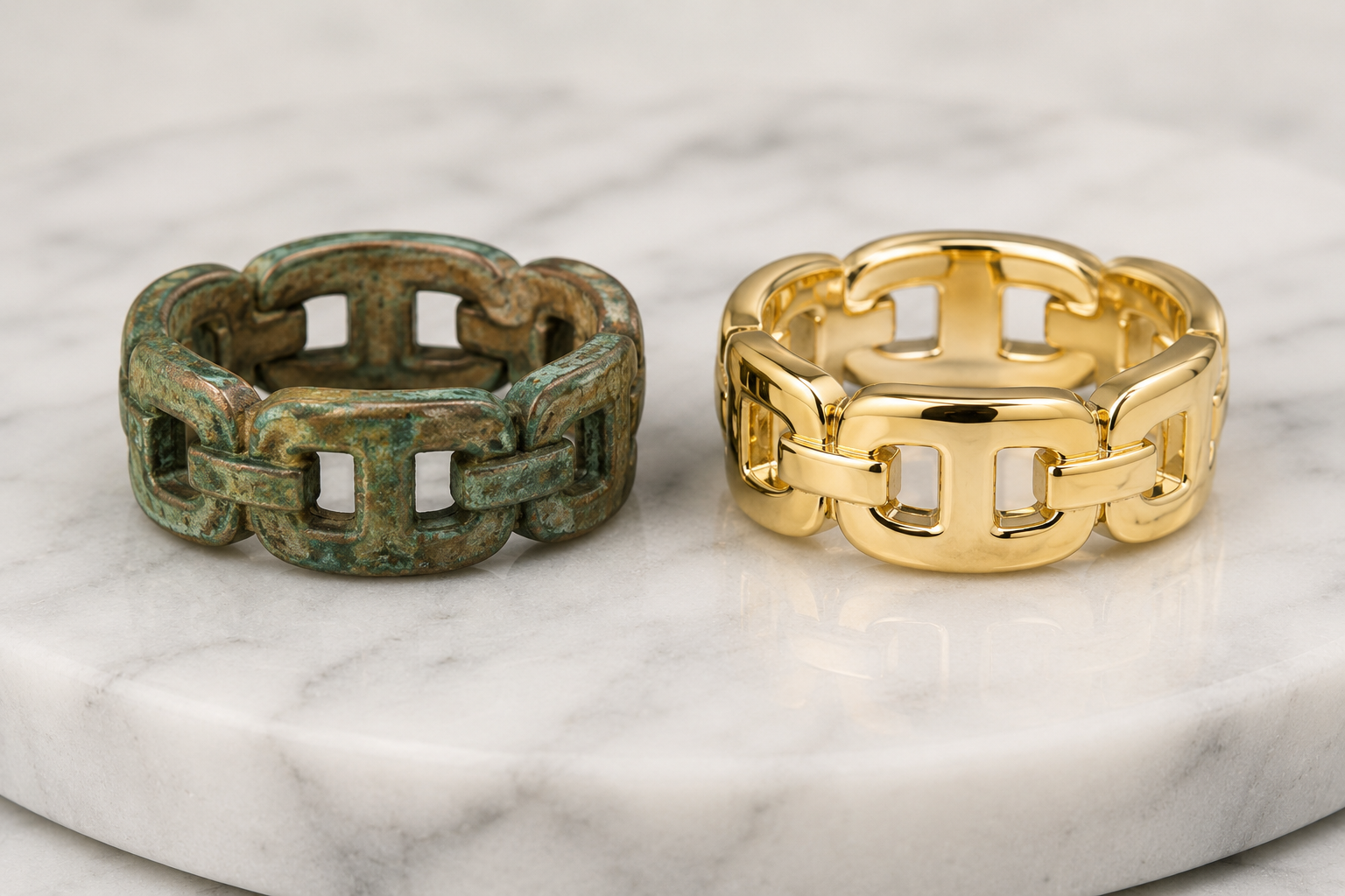A tarnished costume jewelry ring perfectly cloned into a bright solid 14k yellow gold custom masterpiece at Motek Jewelry Design Studio in Airmont, NY.