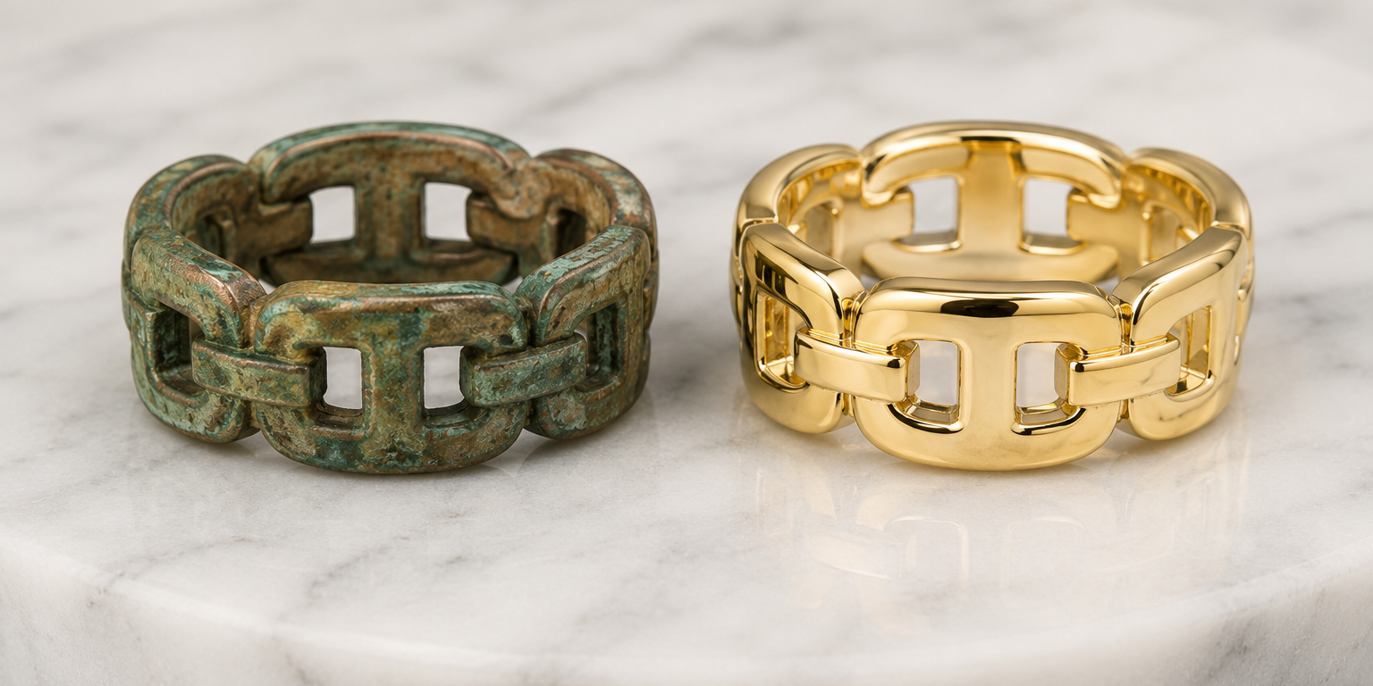 A tarnished costume jewelry ring perfectly cloned into a bright solid 14k yellow gold custom masterpiece at Motek Jewelry Design Studio in Airmont, NY.