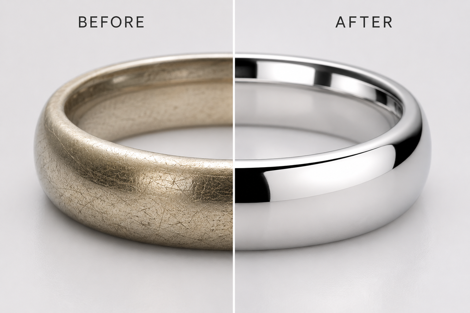 Before and after comparison of a worn white gold ring being professionally polished and rhodium-plated at Motek Jewelry Design Studio in Airmont, NY.