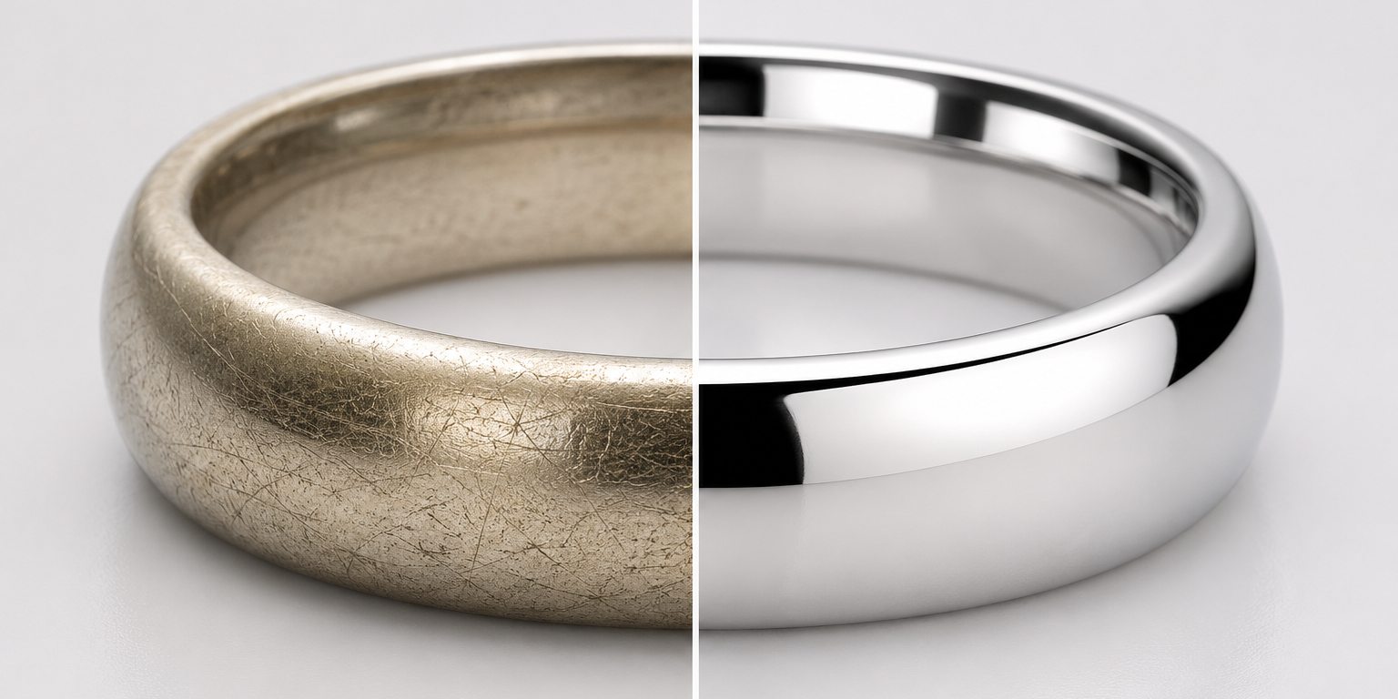 Before and after comparison of a worn white gold ring being professionally polished and rhodium-plated at Motek Jewelry Design Studio in Airmont, NY.