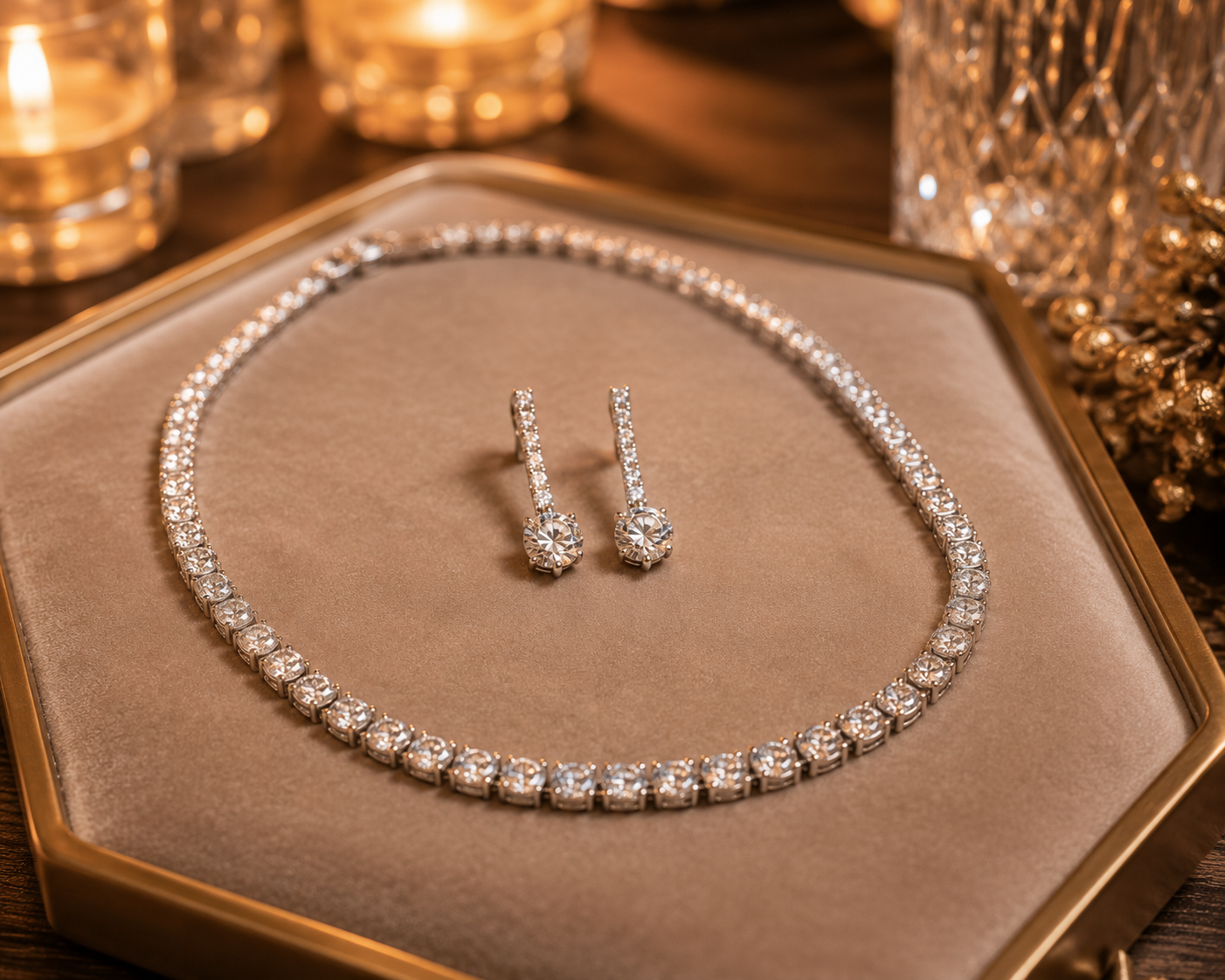 Brilliant diamond tennis necklace and matching drop earrings arranged on a velvet tray for High Holiday celebrations at Motek Jewelry Design Studio in Airmont NY