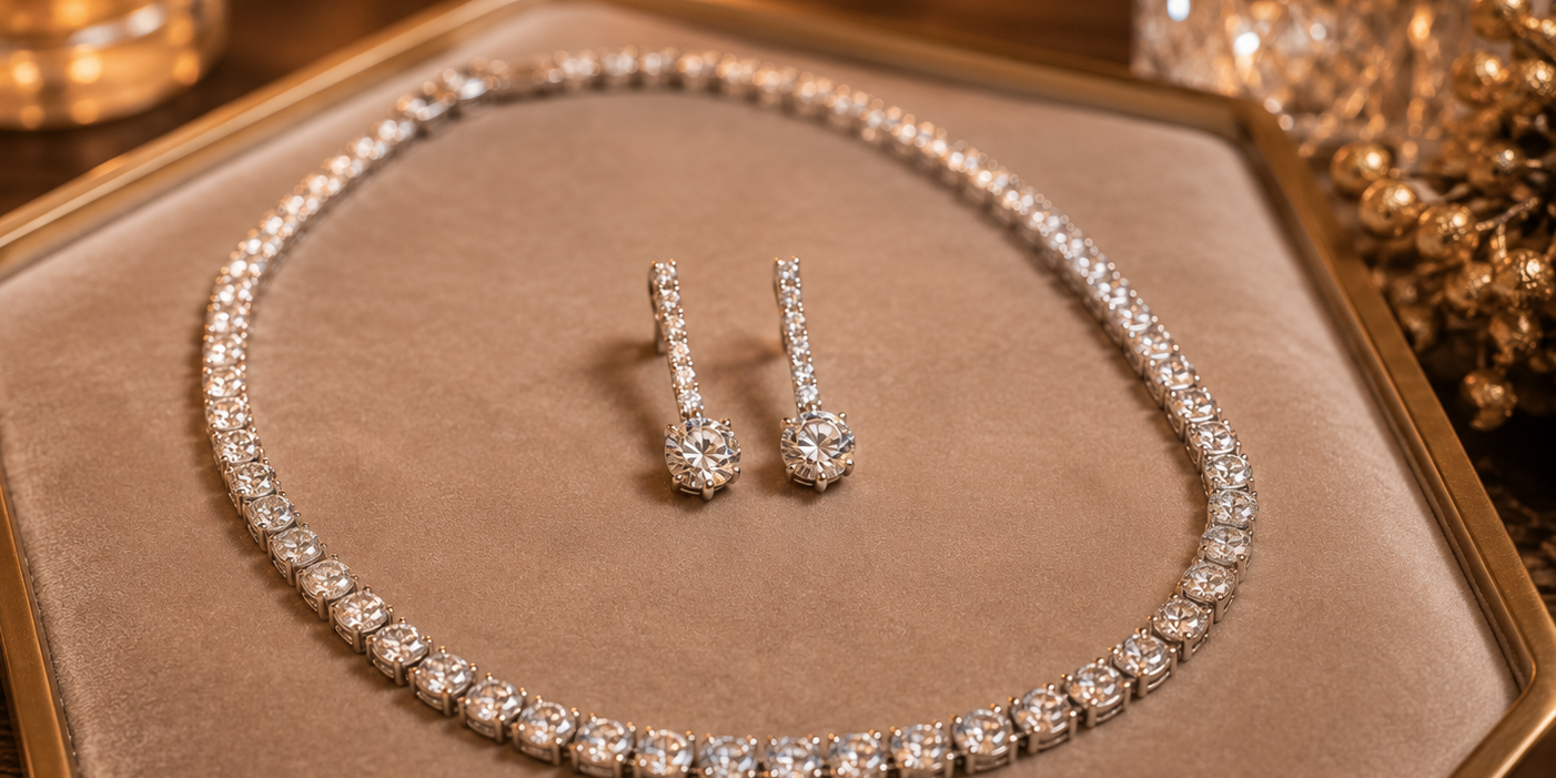 Brilliant diamond tennis necklace and matching drop earrings arranged on a velvet tray for High Holiday celebrations at Motek Jewelry Design Studio in Airmont NY