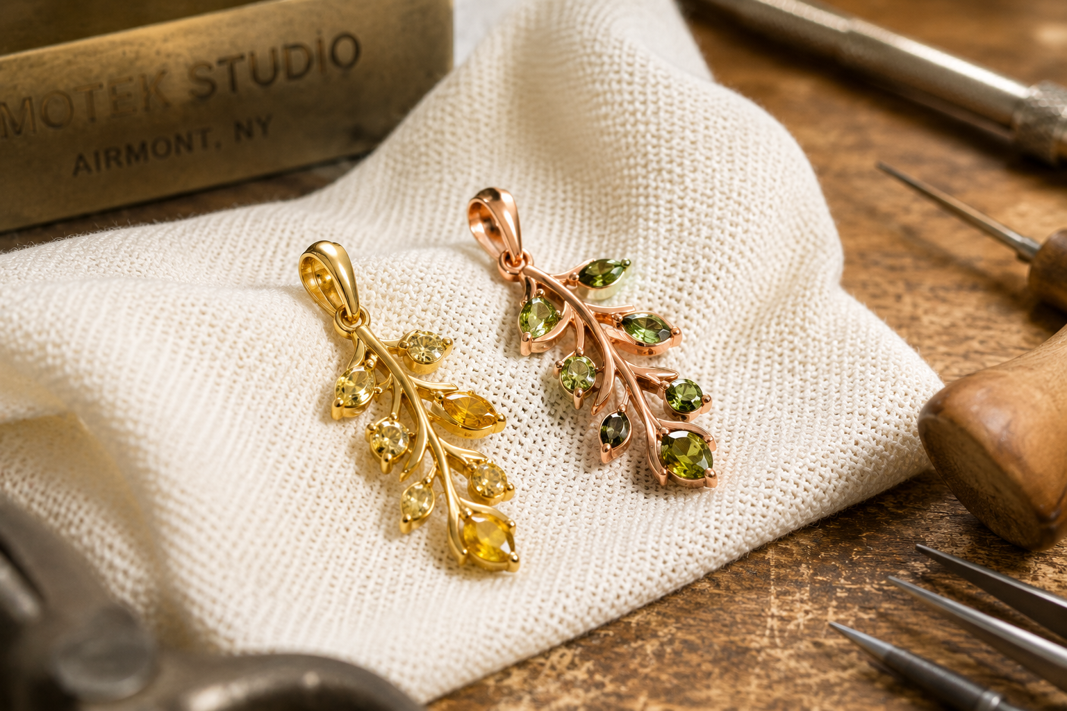 Custom gold leaf pendant and diamond Judaica necklaces crafted by master jewelers at Motek Jewelry in Airmont NY.