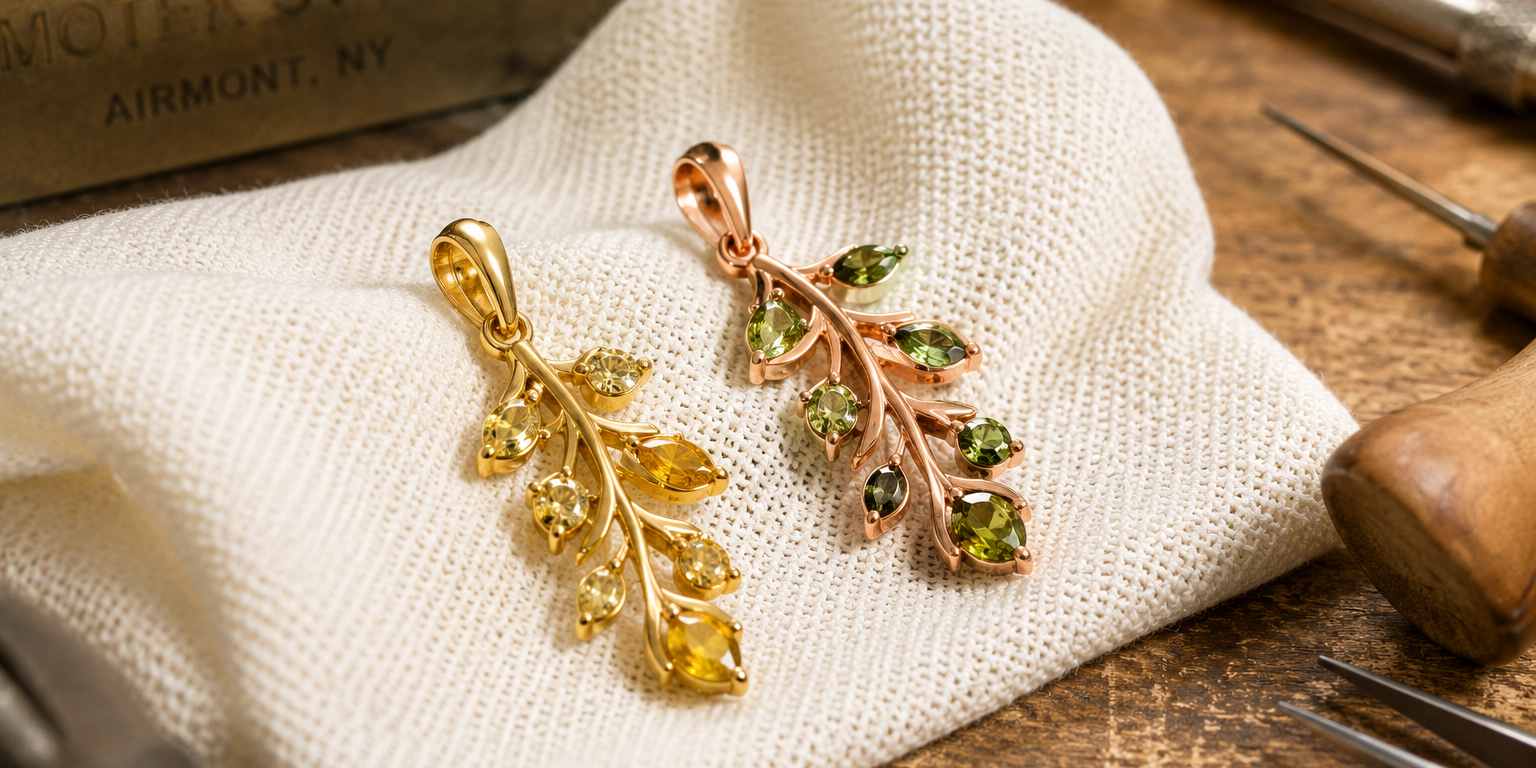 Custom gold leaf pendant and diamond Judaica necklaces crafted by master jewelers at Motek Jewelry in Airmont NY.