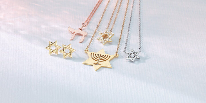 Custom rose gold Chai necklace, diamond Star of David pendants, Menorah necklace, and gold stud earrings crafted by master jewelers at Motek Jewelry in Rockland County, NY.