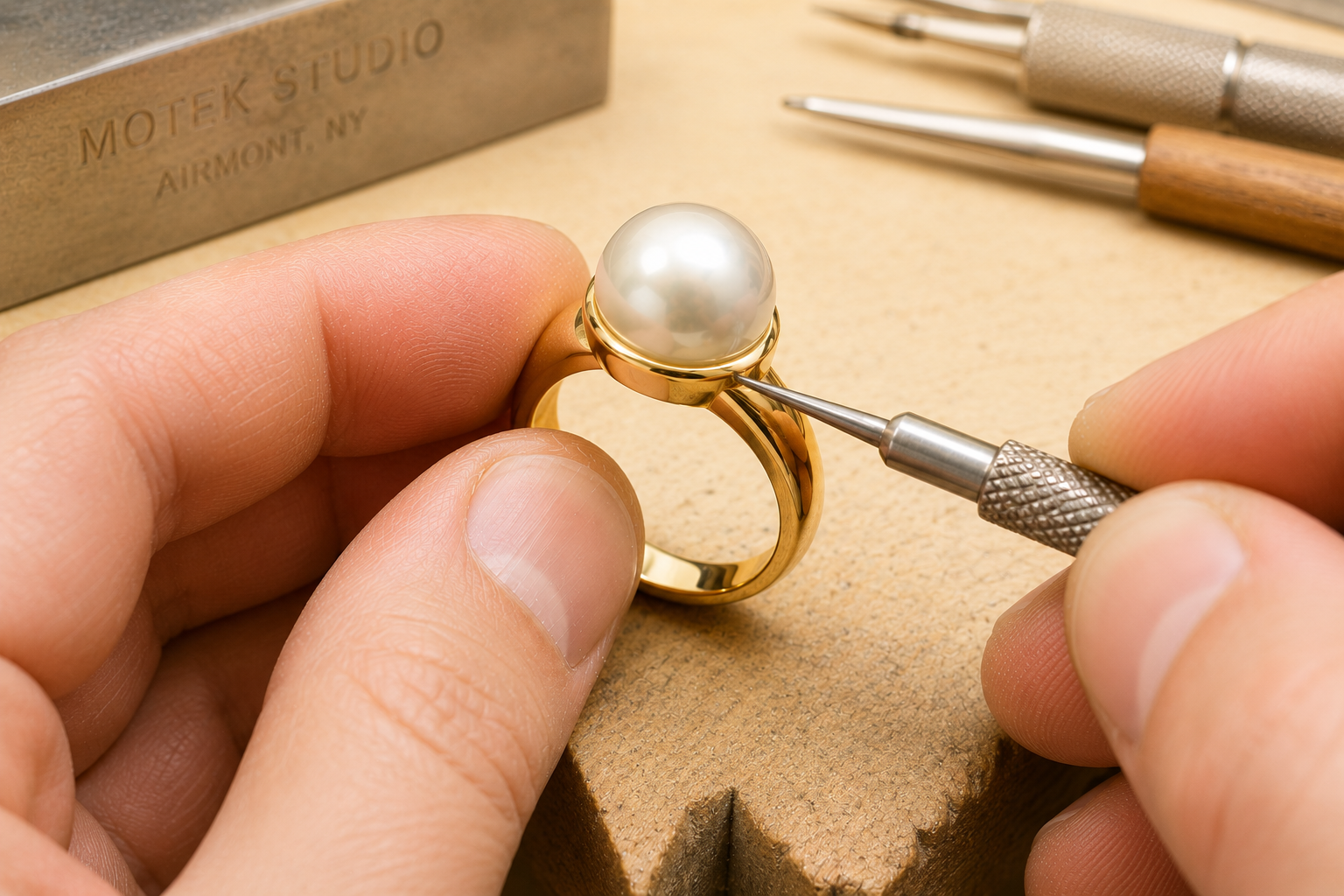 Master bench jeweler at Motek Jewelry in Airmont NY mounting a South Sea pearl onto a custom yellow gold ring.