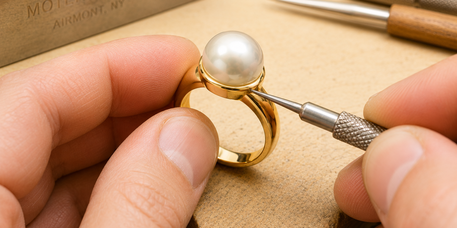 Master bench jeweler at Motek Jewelry in Airmont NY mounting a South Sea pearl onto a custom yellow gold ring.