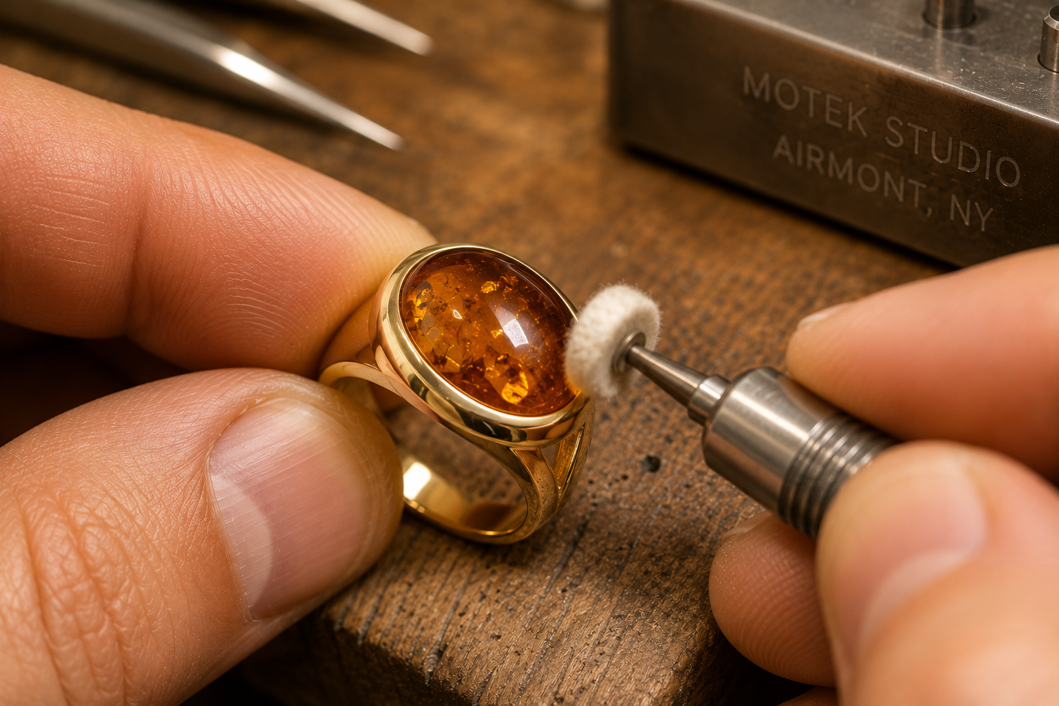 Master bench jeweler at Motek Jewelry in Airmont NY setting a golden Baltic amber gemstone into a custom yellow gold ring.