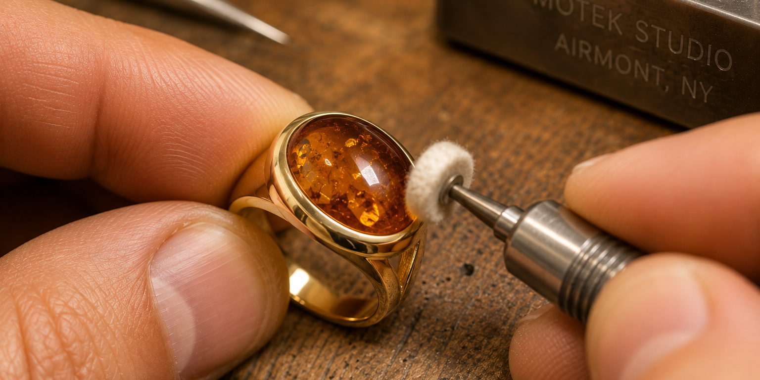 Master bench jeweler at Motek Jewelry in Airmont NY setting a golden Baltic amber gemstone into a custom yellow gold ring.