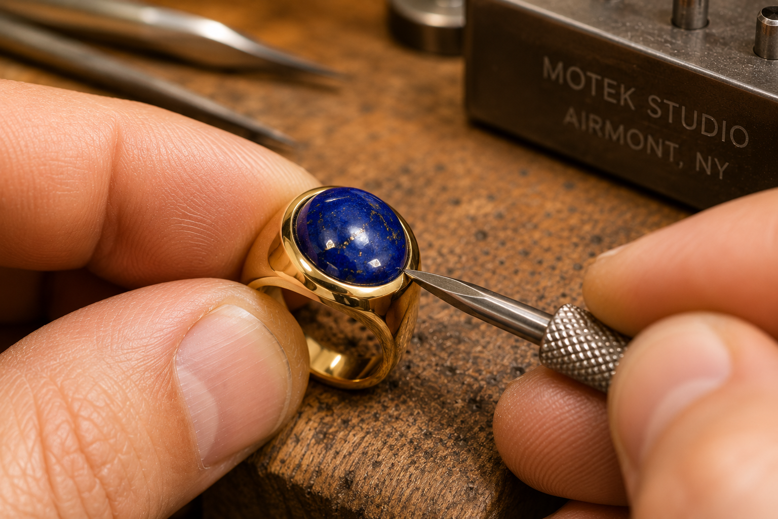 Master bench jeweler at Motek Jewelry in Airmont NY setting a lapis lazuli gemstone into a custom yellow gold ring.