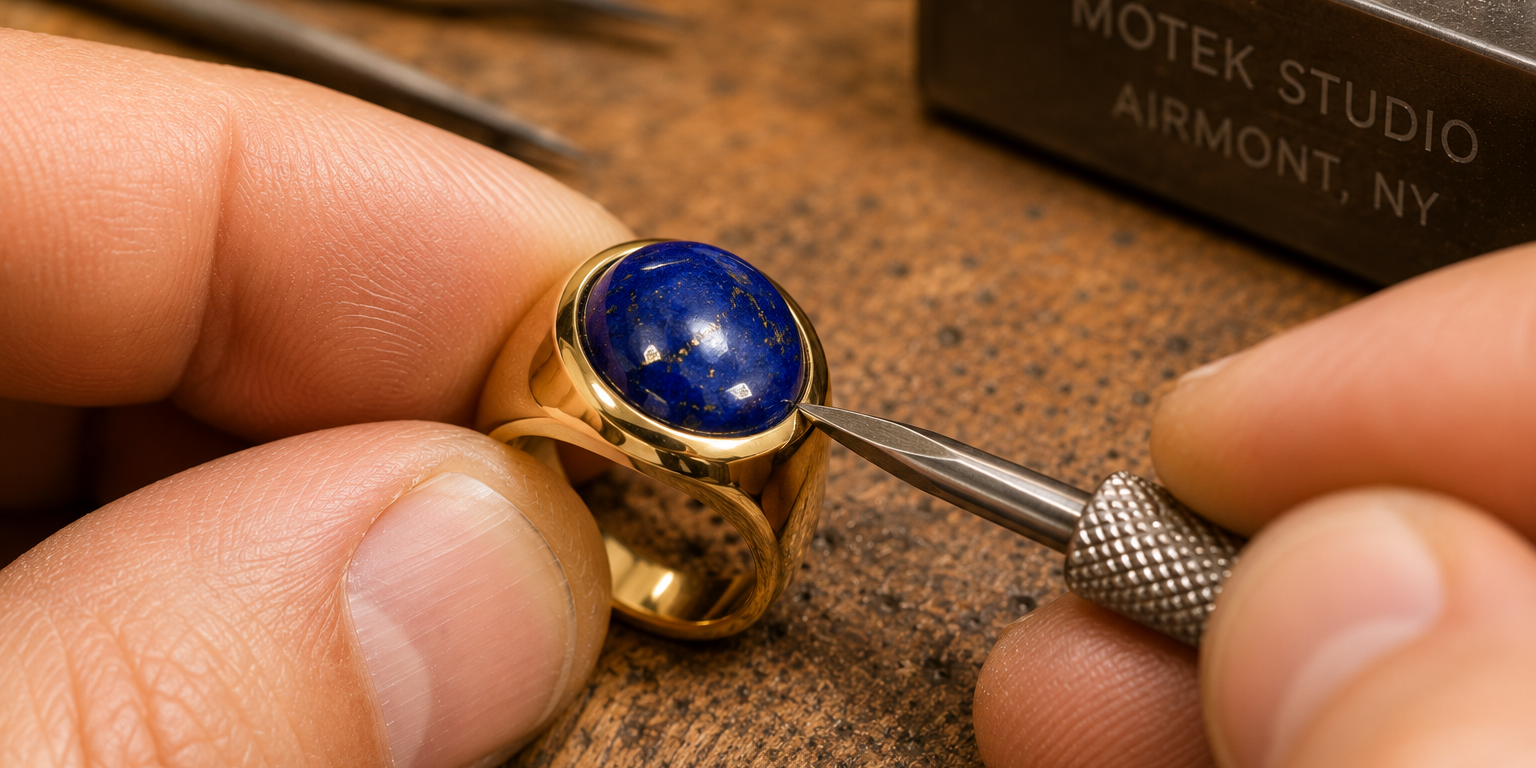Master bench jeweler at Motek Jewelry in Airmont NY setting a lapis lazuli gemstone into a custom yellow gold ring.