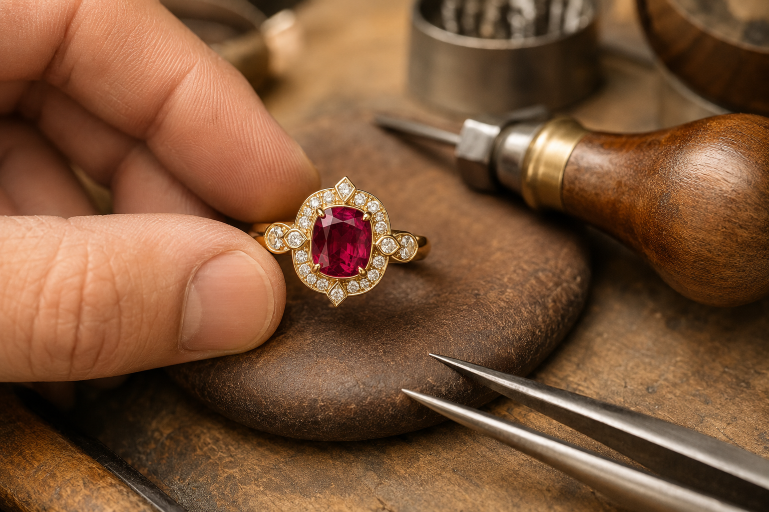 Master bench jeweler holding a custom 18k yellow gold ruby and diamond ring at Motek Jewelry Design Studio in Airmont NY.