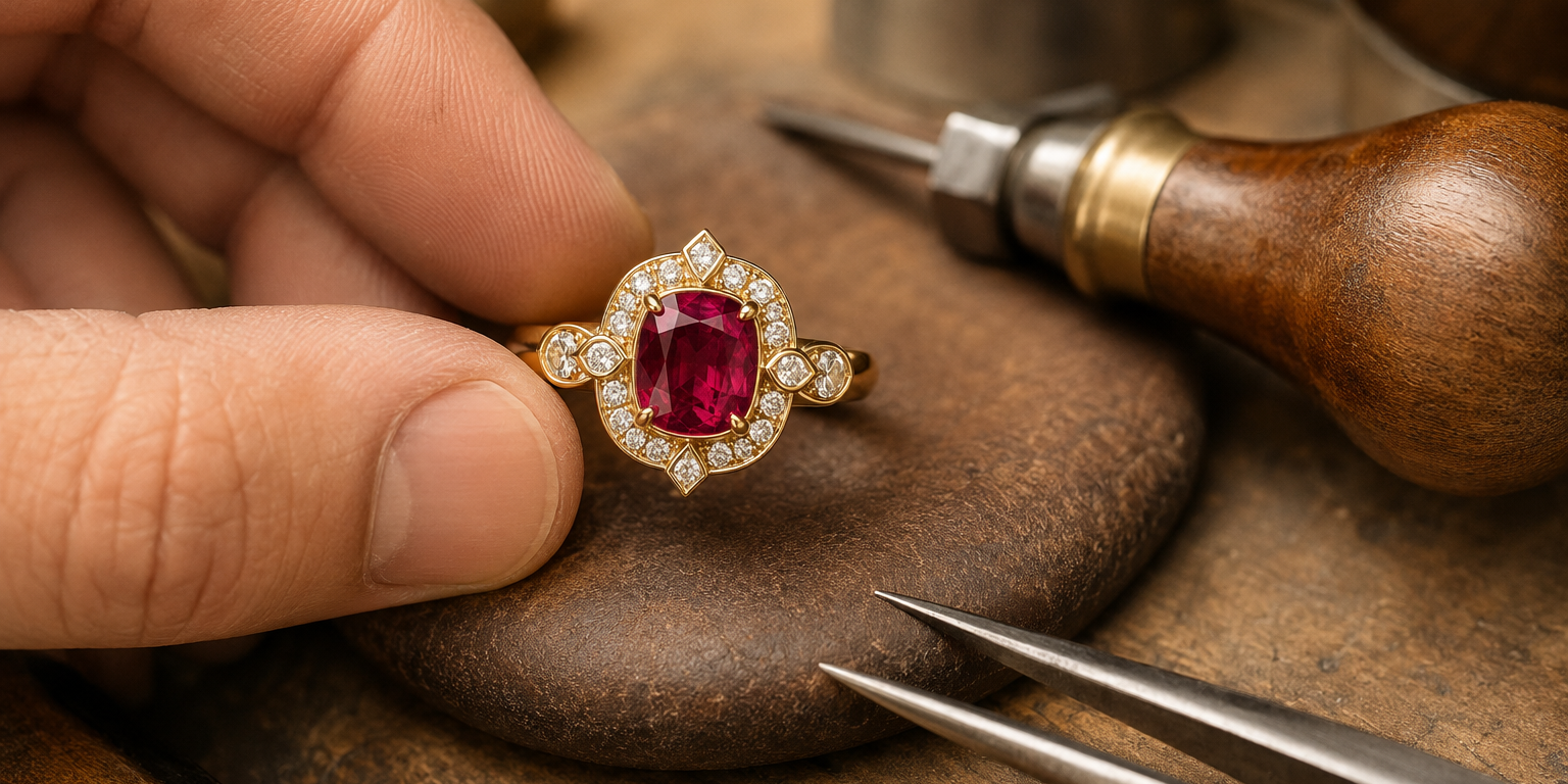 Master bench jeweler holding a custom 18k yellow gold ruby and diamond ring at Motek Jewelry Design Studio in Airmont NY.