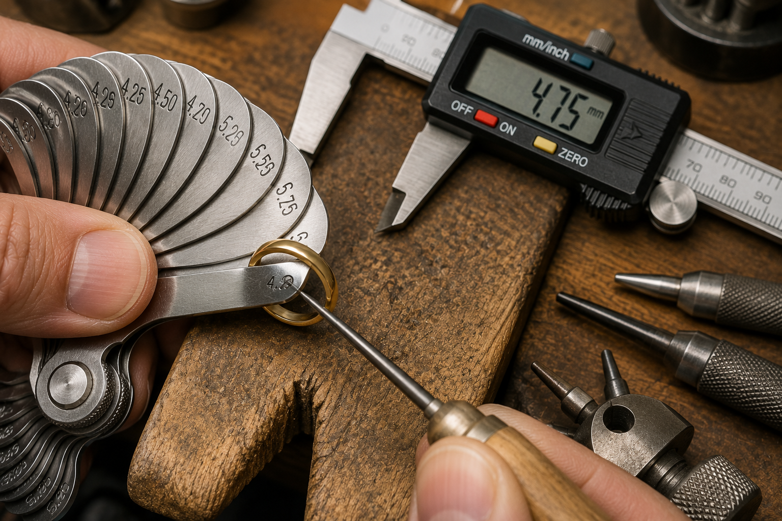 Master bench jeweler using steel gauge rings and digital calipers to measure true ring size at Motek Jewelry Design Studio in Airmont NY