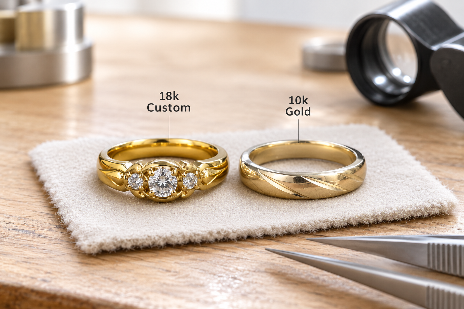 Master jeweler at Motek Jewelry Design Studio comparing high-karat 18k yellow gold with 10k gold to explain metal purity and prevent skin discoloration in Airmont, NY.