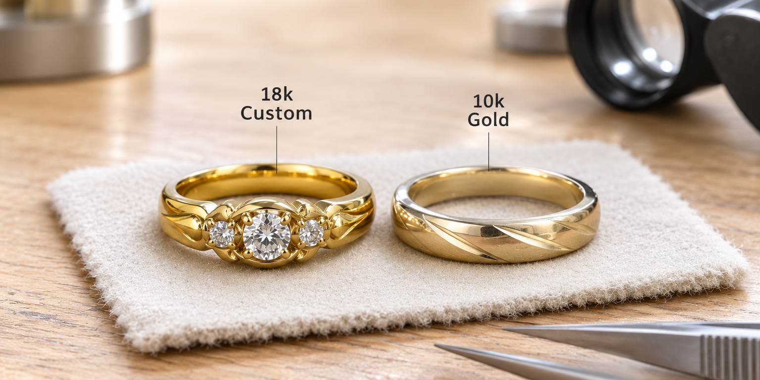 Master jeweler at Motek Jewelry Design Studio comparing high-karat 18k yellow gold with 10k gold to explain metal purity and prevent skin discoloration in Airmont, NY.