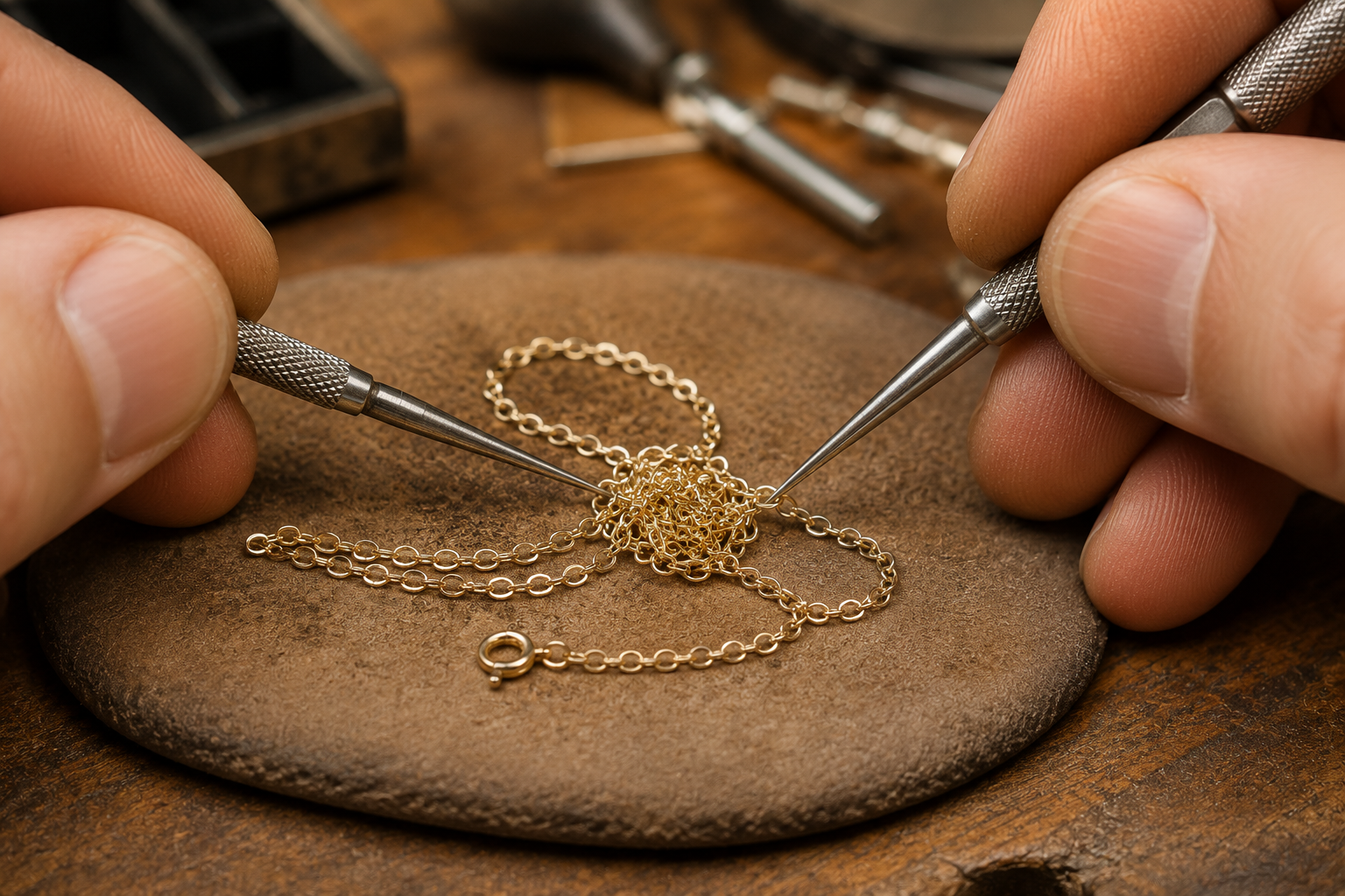 Master jeweler at Motek Jewelry using precision tools to untangle a delicate gold chain knot on a workbench in Airmont NY.