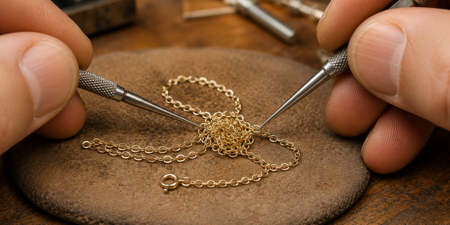 Master jeweler at Motek Jewelry using precision tools to untangle a delicate gold chain knot on a workbench in Airmont NY.
