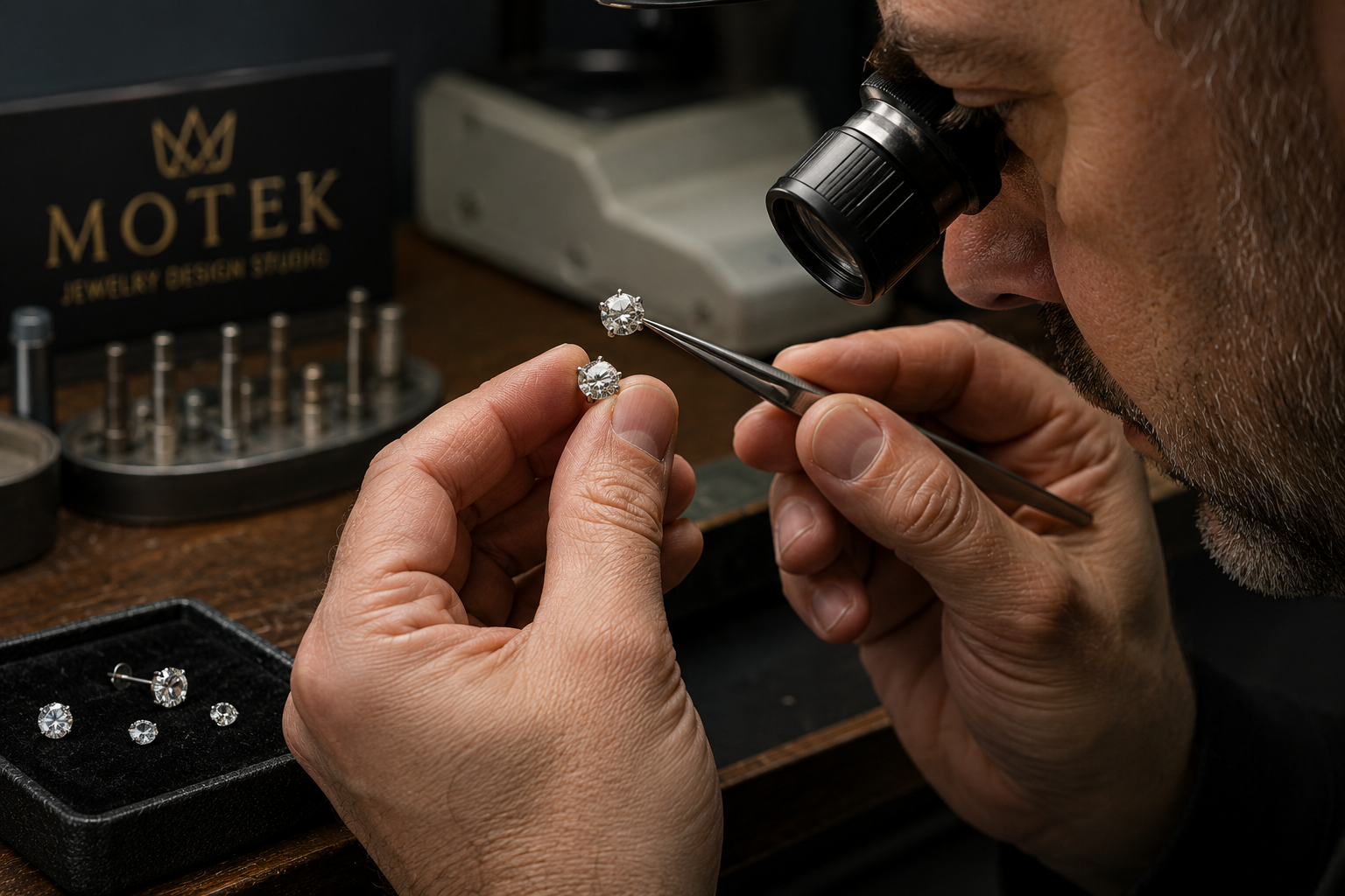 Master jeweler matching a replacement diamond stud earring in Airmont NY after a customer lost one earring.