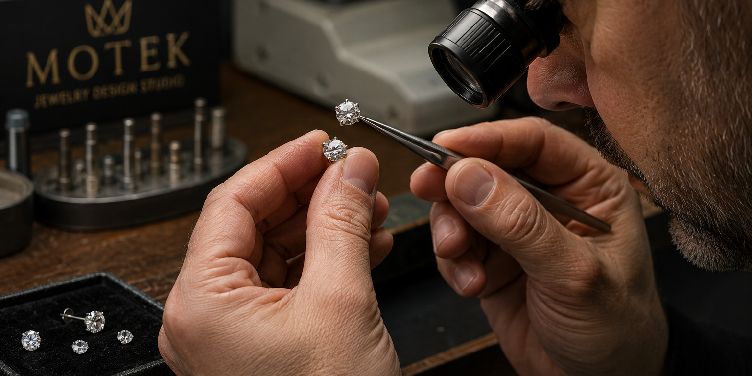 Master jeweler matching a replacement diamond stud earring in Airmont NY after a customer lost one earring.