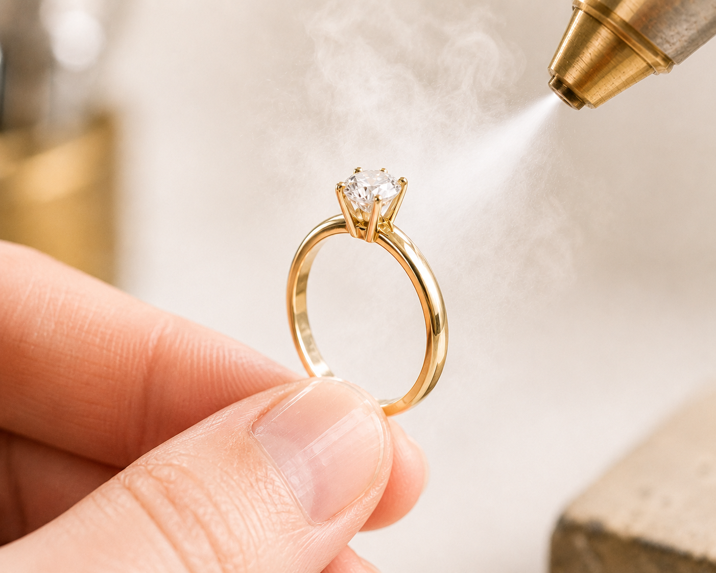 Master jeweler using high-pressure dry steam to restore brilliance to a diamond engagement ring at Motek Jewelry Design Studio in Airmont NY