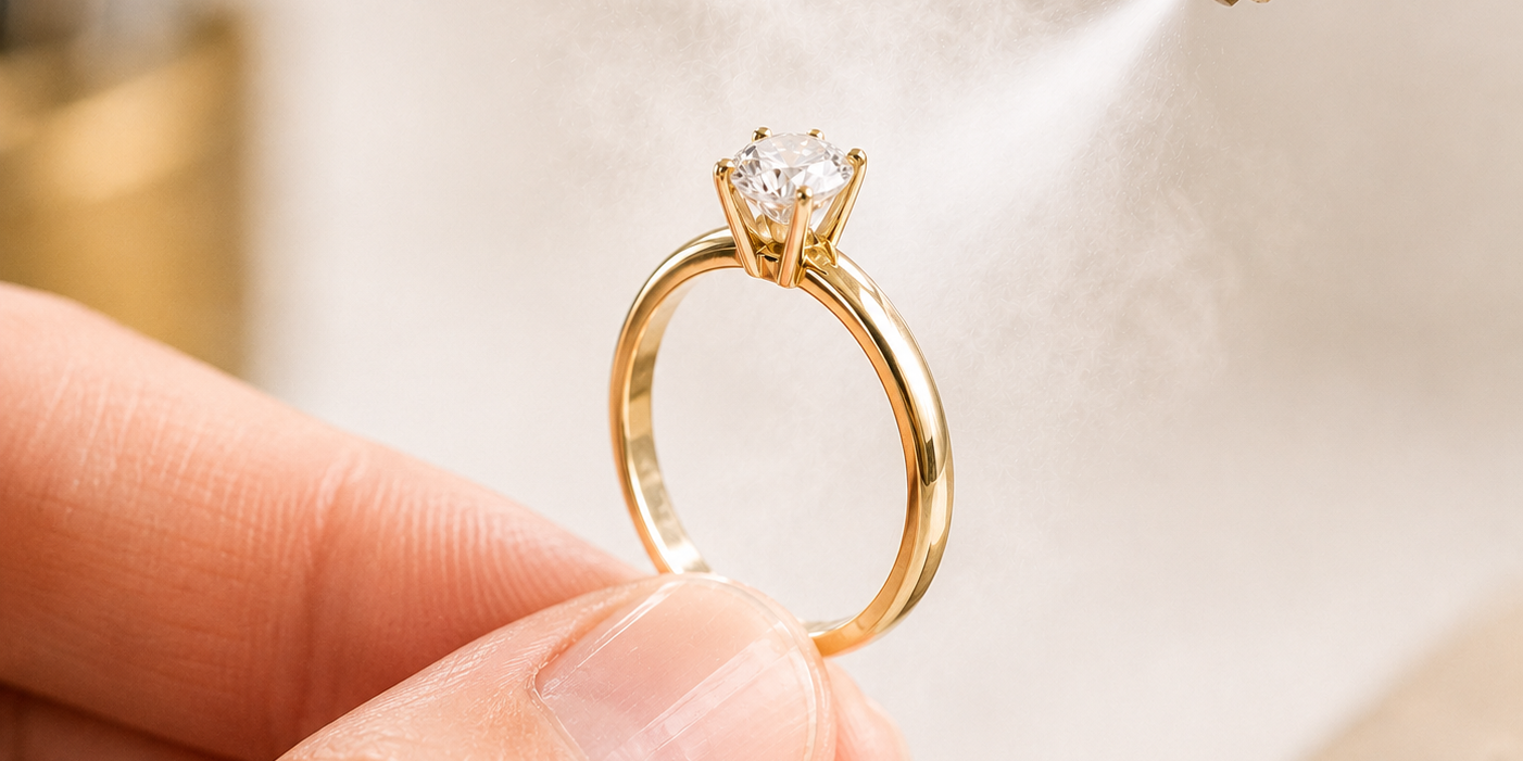 Master jeweler using high-pressure dry steam to restore brilliance to a diamond engagement ring at Motek Jewelry Design Studio in Airmont NY