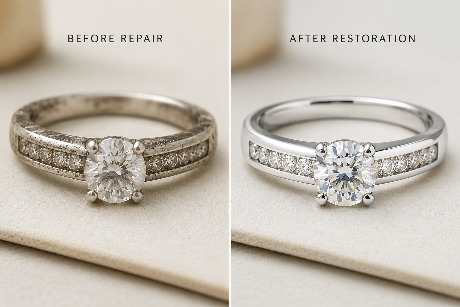 Side-by-side comparison of a worn engagement ring before repair and after complete master restoration at Motek Jewelry Design Studio in Airmont, NY.