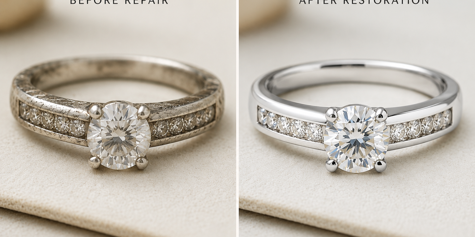 Side-by-side comparison of a worn engagement ring before repair and after complete master restoration at Motek Jewelry Design Studio in Airmont, NY.