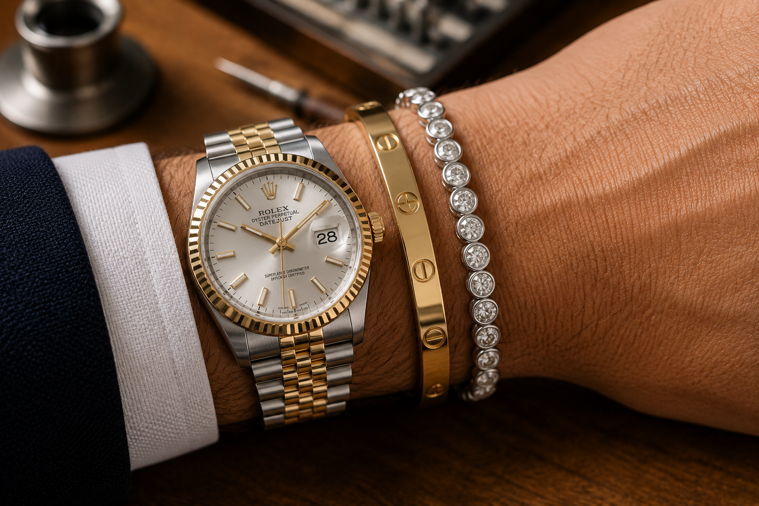 Styled wrist stack featuring a two-tone luxury watch paired with an 18k gold bangle and platinum diamond tennis bracelet at Motek Jewelry Design Studio in Airmont NY