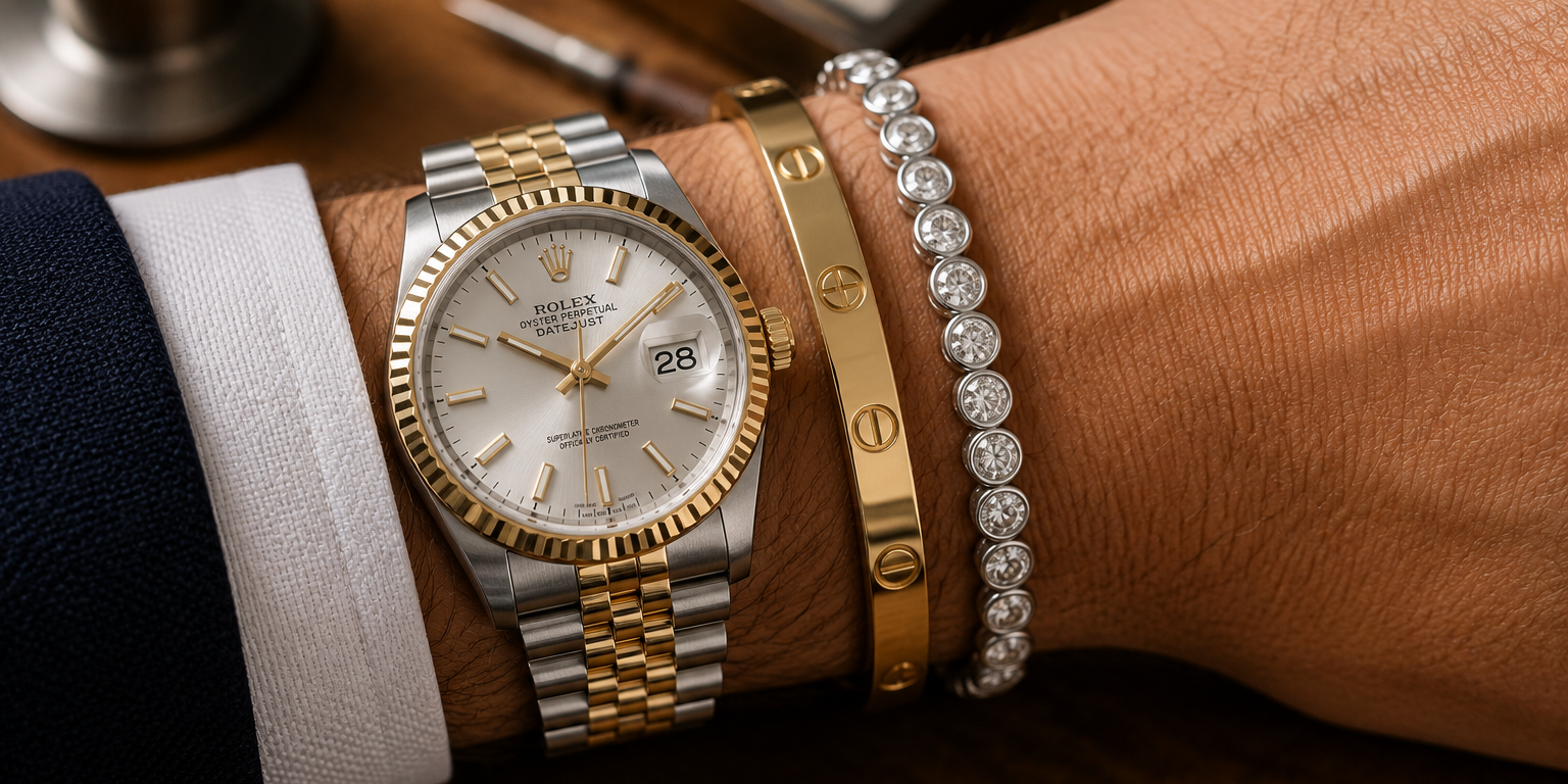 Styled wrist stack featuring a two-tone luxury watch paired with an 18k gold bangle and platinum diamond tennis bracelet at Motek Jewelry Design Studio in Airmont NY