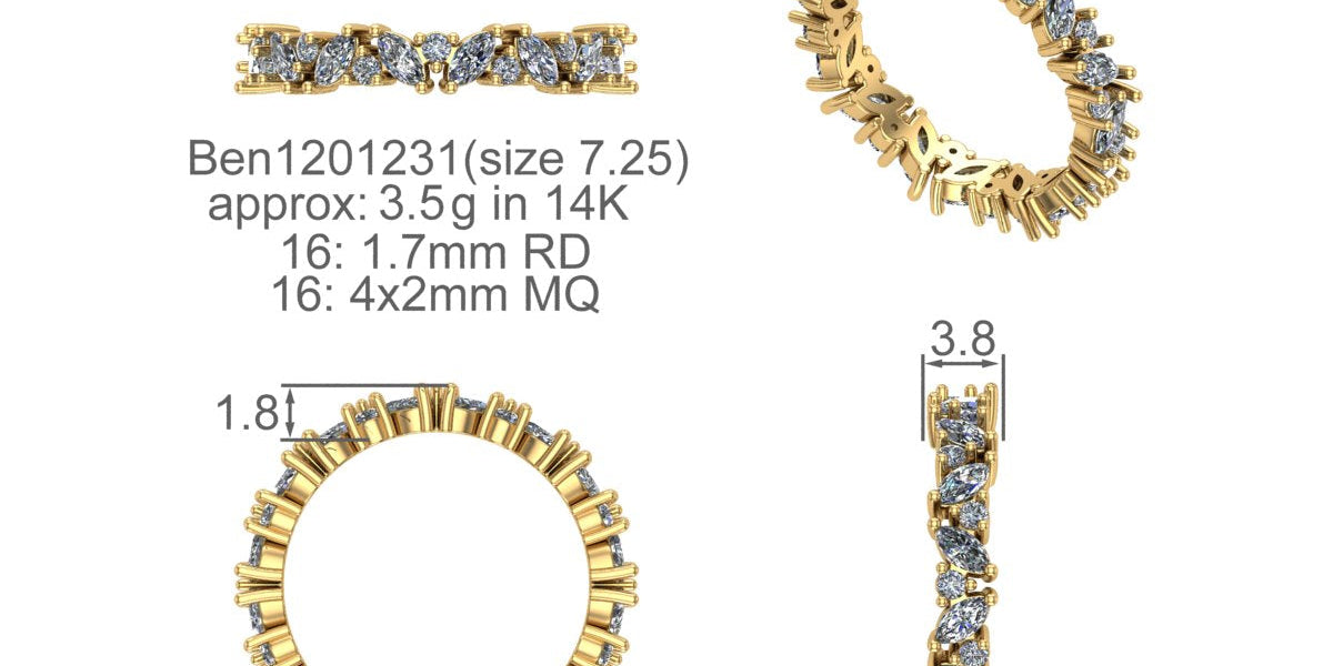 3D CAD digital design rendering of a custom 14k gold marquise and round diamond band showing dimensional measurements at Motek Jewelry Design Studio in Airmont, NY.