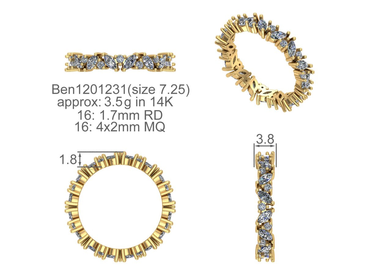 3D CAD digital design rendering of a custom 14k gold marquise and round diamond band showing dimensional measurements at Motek Jewelry Design Studio in Airmont, NY.