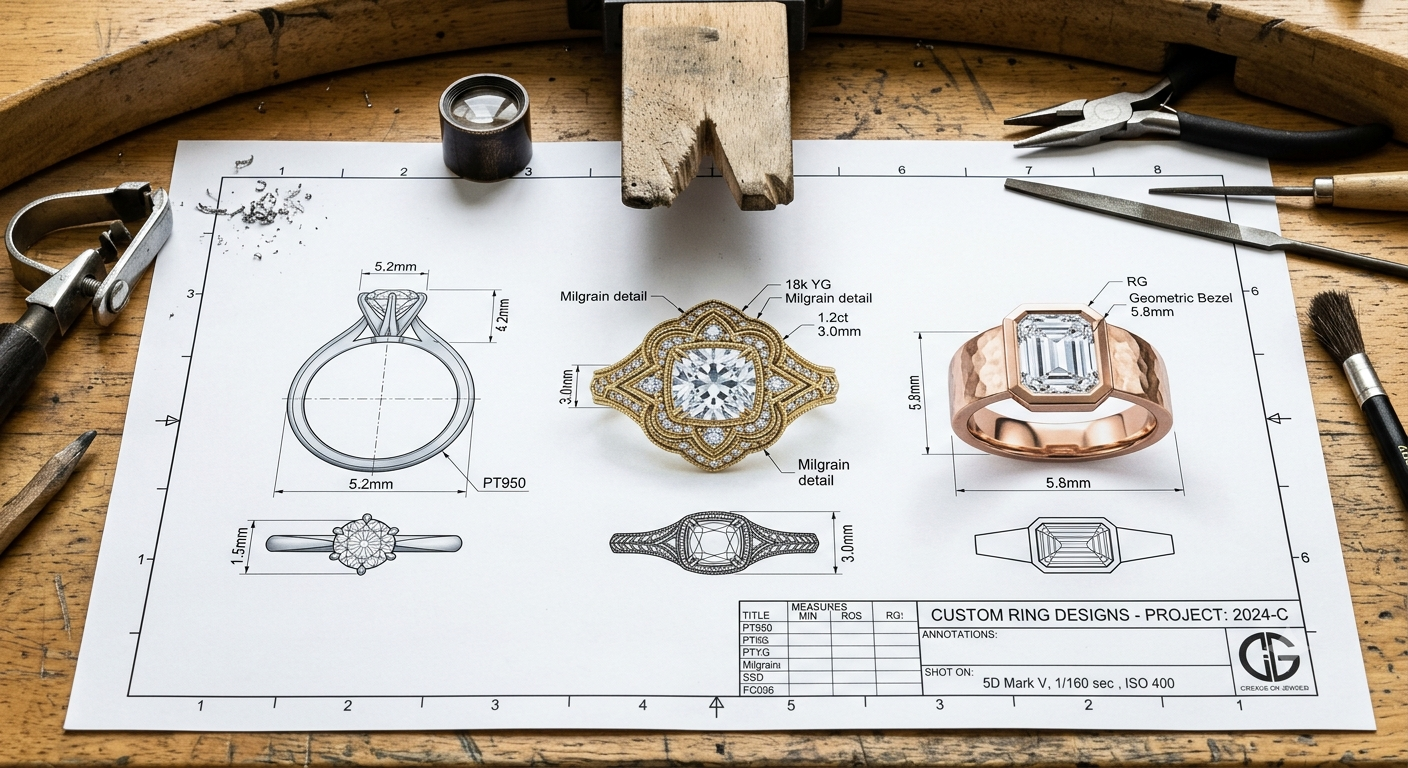 Three distinct custom jewelry styles displayed on a workbench a classic solitaire ring, an ornate vintage ring with milgrain, and a modern minimalist geometric bezel ring.
