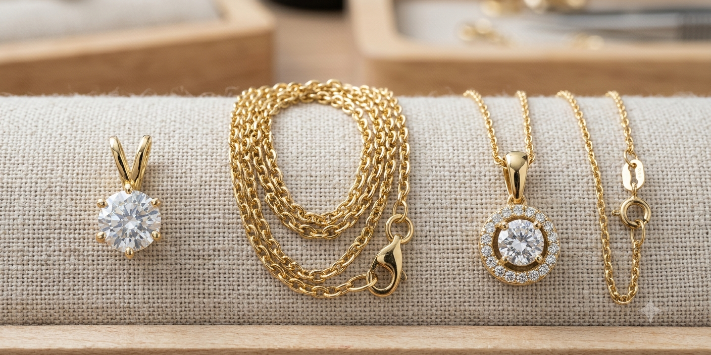 Three jewelry elements displayed side-by-side a loose gold chain, a standalone diamond pendant, and a complete gold pendant necklace.