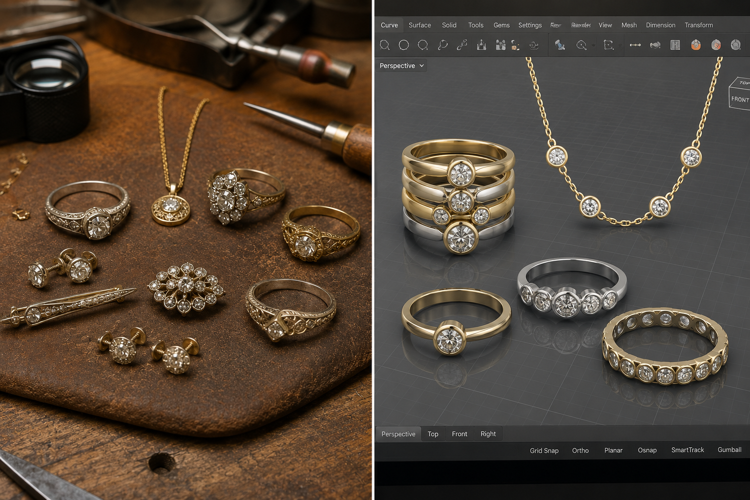 Vintage inherited jewelry beside a 3D CAD custom design render showing repurposed diamond rings and necklaces at Motek Jewelry Design Studio in Airmont NY