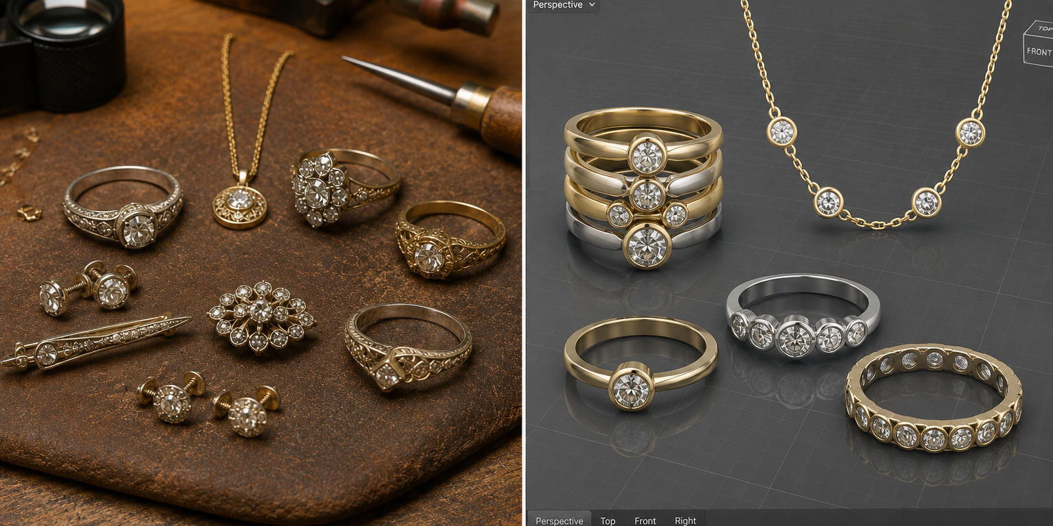 Vintage inherited jewelry beside a 3D CAD custom design render showing repurposed diamond rings and necklaces at Motek Jewelry Design Studio in Airmont NY