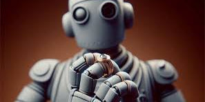 A close-up photograph features a matte grey, retro-styled robot holding a detailed gold ring with a single clear gem. This is designed for Motek Jewelry.