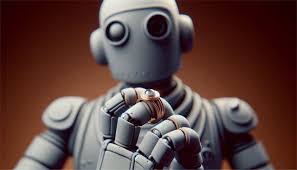 A close-up photograph features a matte grey, retro-styled robot holding a detailed gold ring with a single clear gem. This is designed for Motek Jewelry.