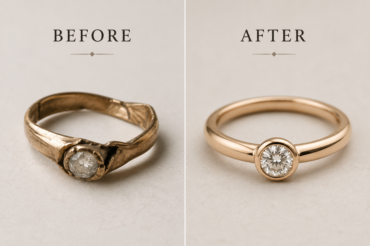Side-by-side comparison of a crushed gold ring next to the same diamond solitaire fully restored and polished by Motek Jewelry Design Studio.