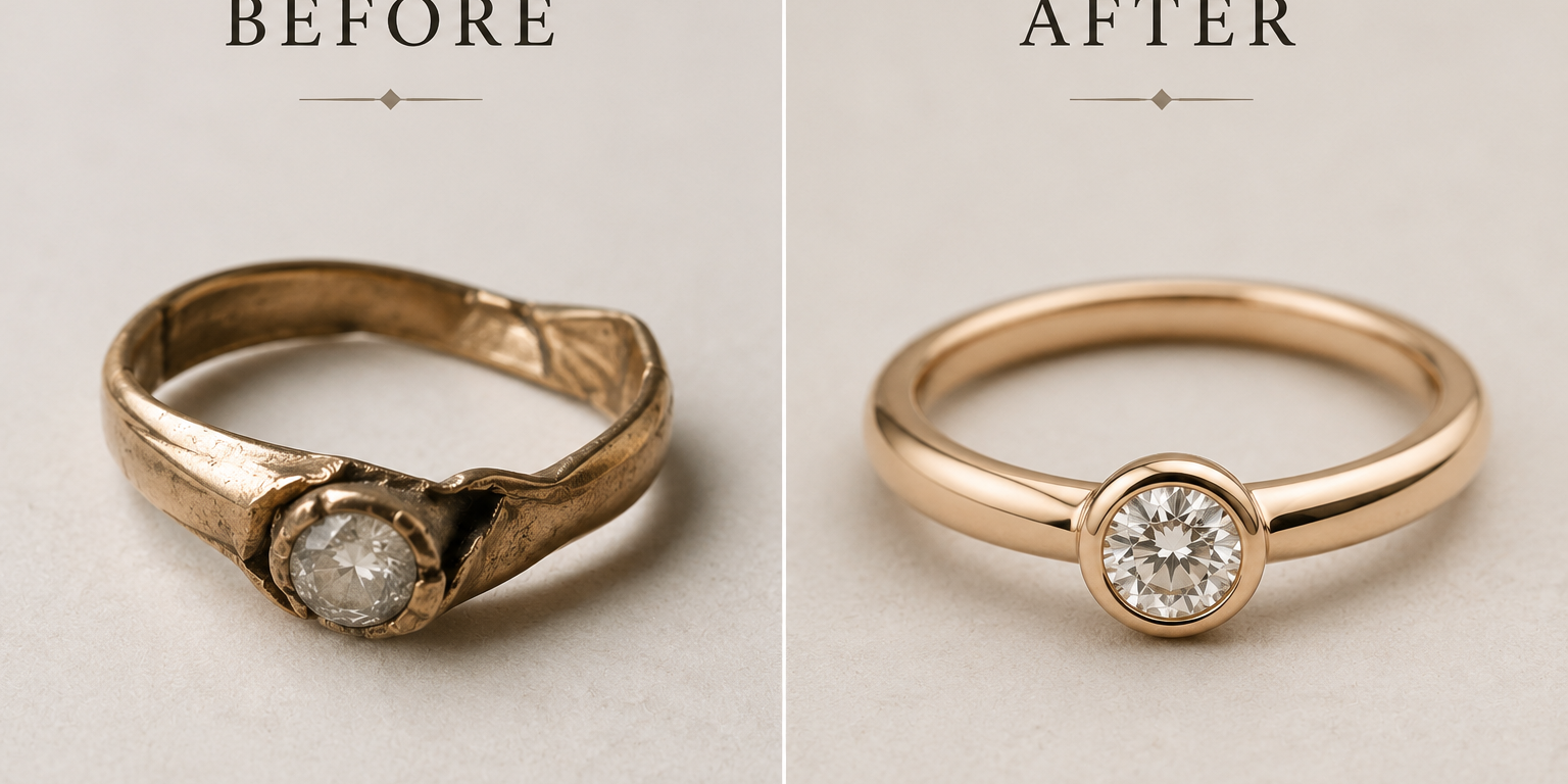 Side-by-side comparison of a crushed gold ring next to the same diamond solitaire fully restored and polished by Motek Jewelry Design Studio.