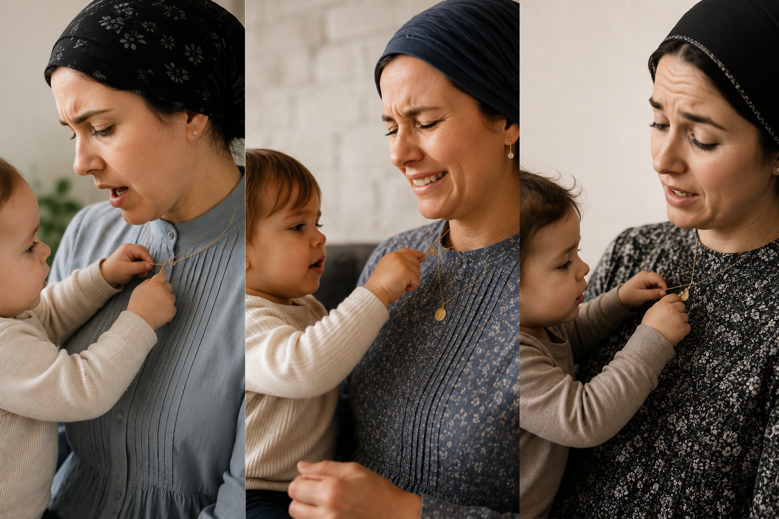 Three-panel image of a toddler pulling a mother's gold Motek Jewelry necklaces. The mother wears a headscarf and modest dress, wincing as the chains are tugged.
