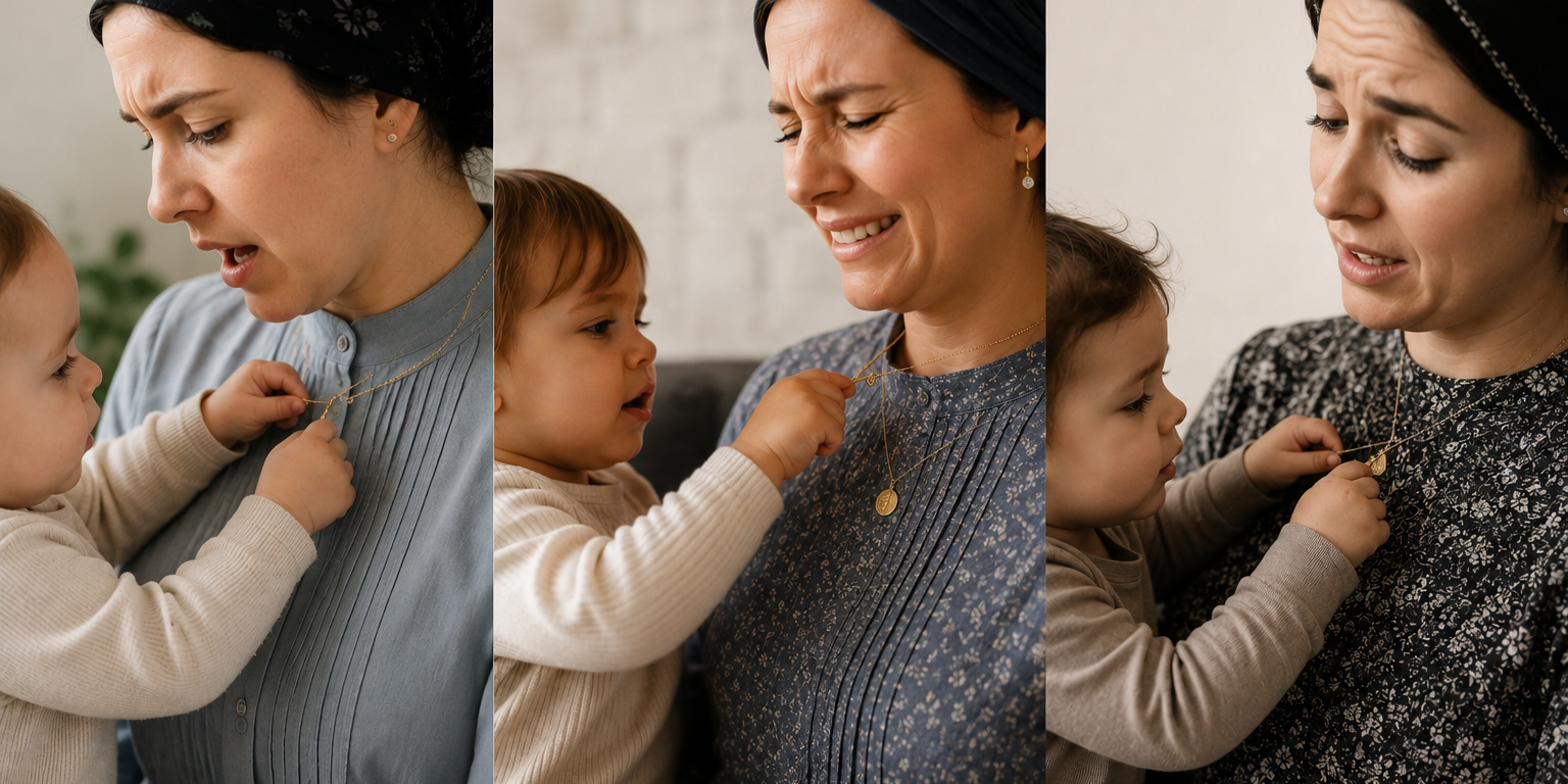 Three-panel image of a toddler pulling a mother's gold Motek Jewelry necklaces. The mother wears a headscarf and modest dress, wincing as the chains are tugged.