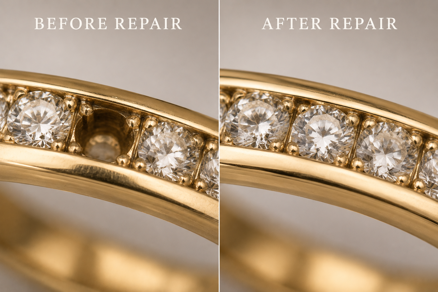 A high-magnification macro shot of a diamond ring with one empty slot where a stone fell out, side-by-side with the finished repair where the stone is perfectly reset.