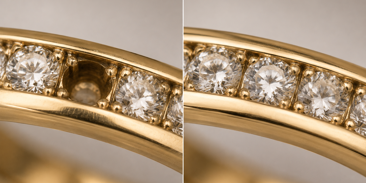 A high-magnification macro shot of a diamond ring with one empty slot where a stone fell out, side-by-side with the finished repair where the stone is perfectly reset.