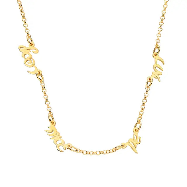 Close-up of a necklace featuring multiple small nameplates or initials, each representing a different loved one (e.g., children's names).