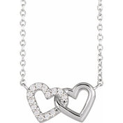 14K Natural Diamond Petite Double Interlocking Heart Necklace - 0.05 CTW, Adjustable Length